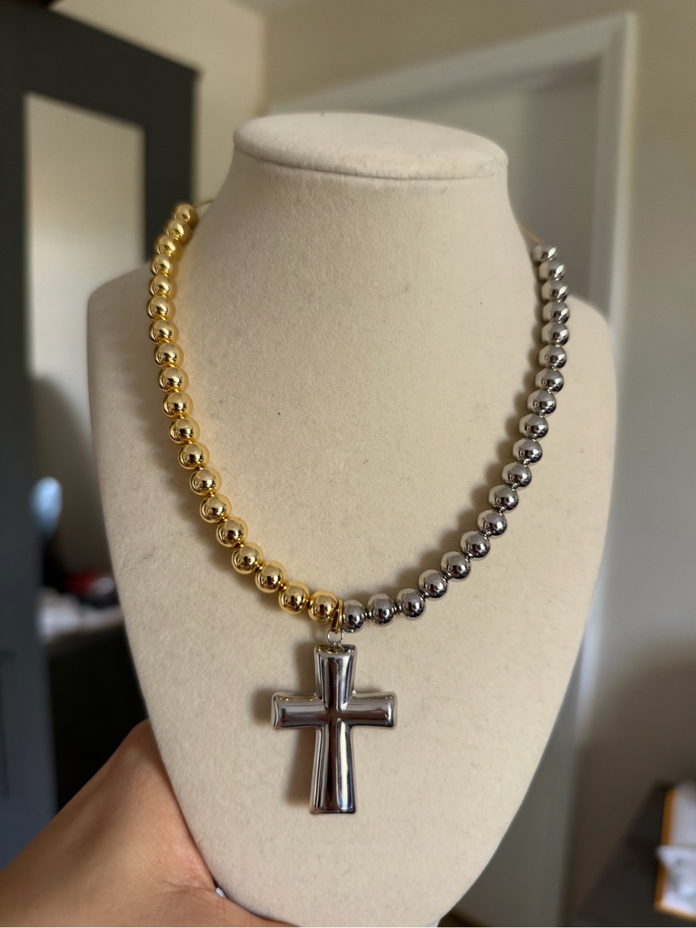 Two-Tone Gold and Silver Beaded Necklace with Cross Pendant